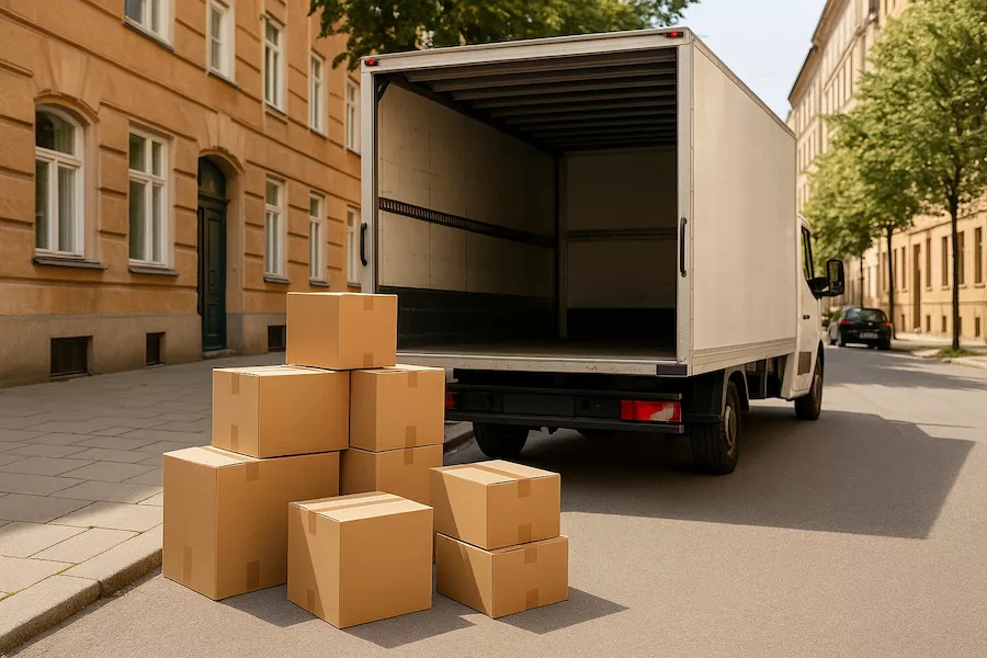 En flyttbil parkerad på en stadsgata med kartonger på trottoaren